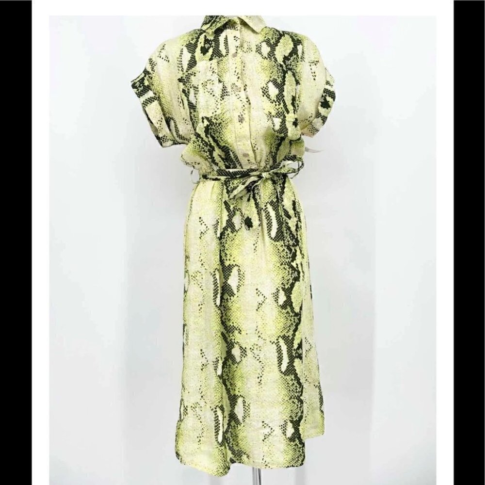 PIAZZA Del Tempo 100% Linen Shirt Dress Midi Snake Print Green Sz Sm Summer